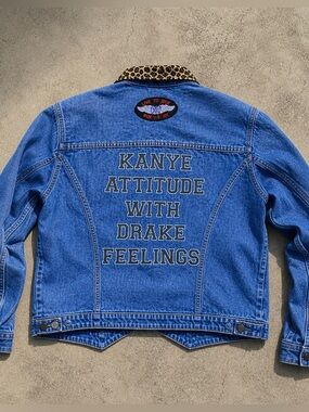 Denim Jacket with Leopard Collar and Statement Back Text